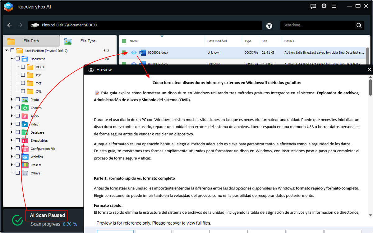 Visualizzare l'anteprima dei documenti recuperabili