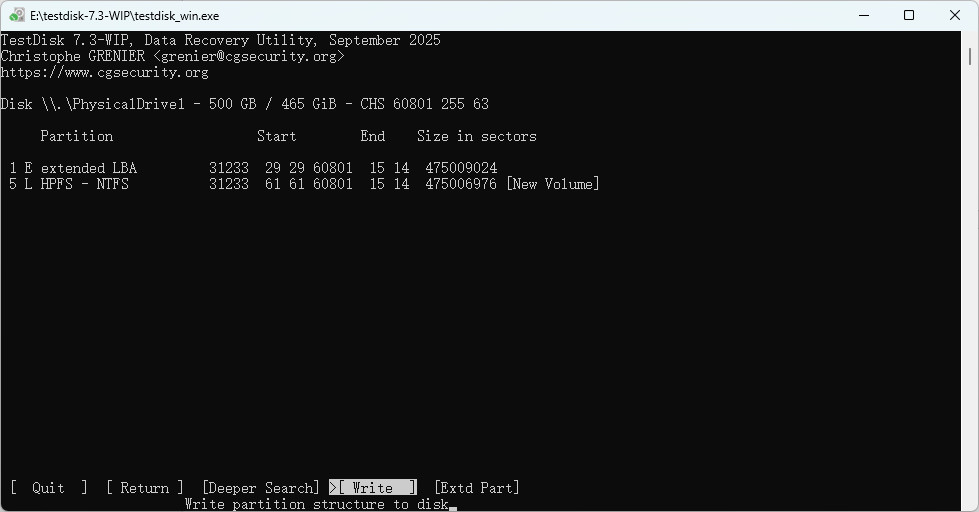 TestDisk scrive la struttura delle partizioni sul disco