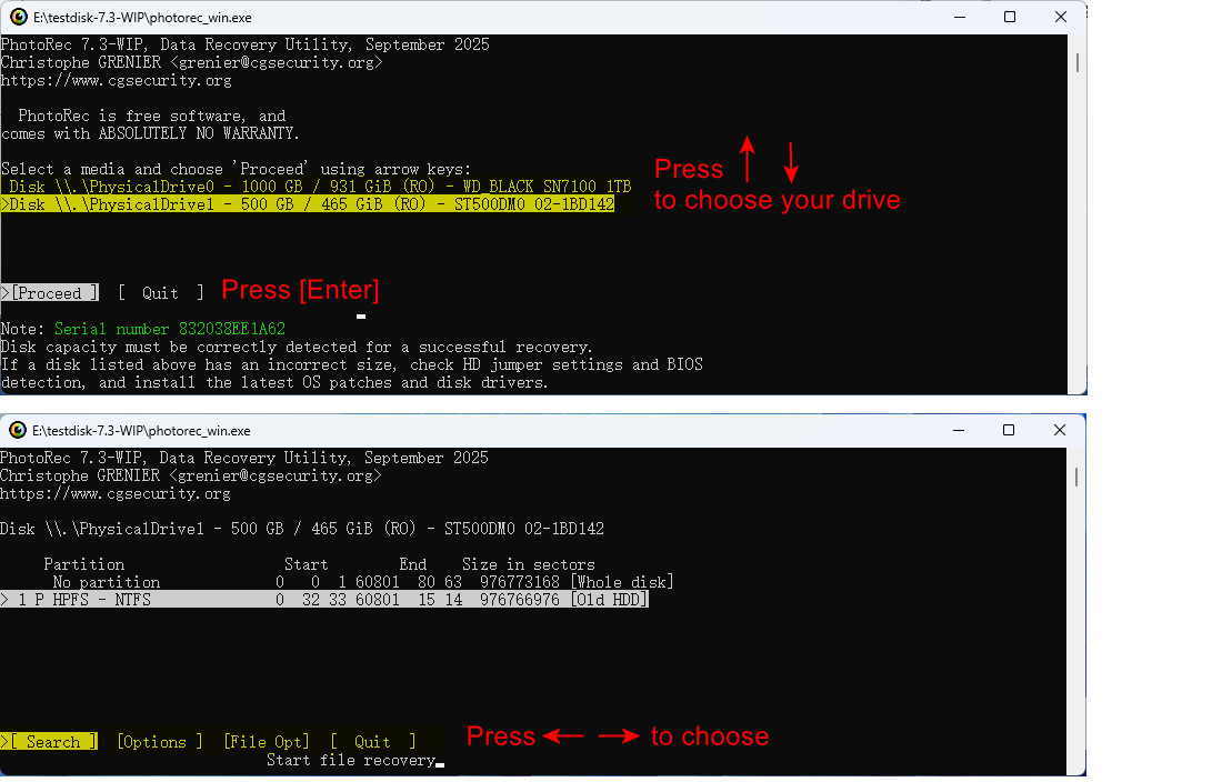 Impostazioni Recupero QPhotoRec