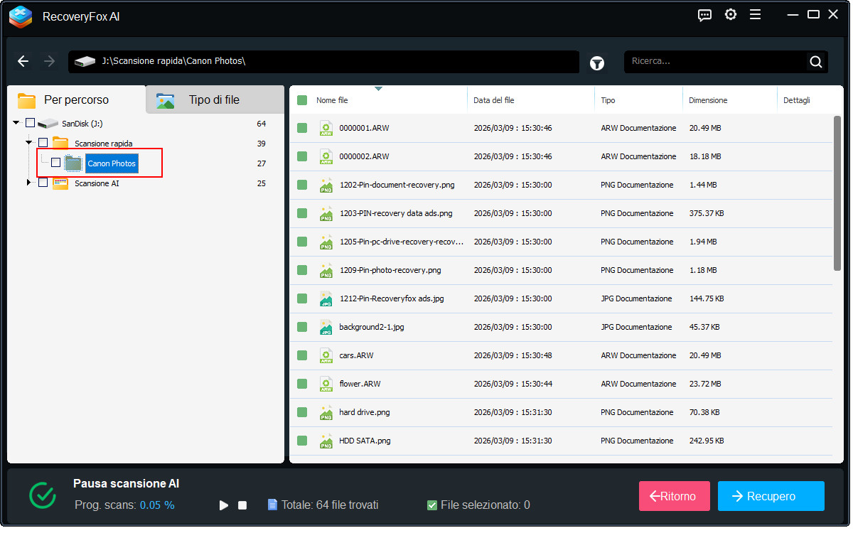 Scansiona foto eliminate dalla scheda SD