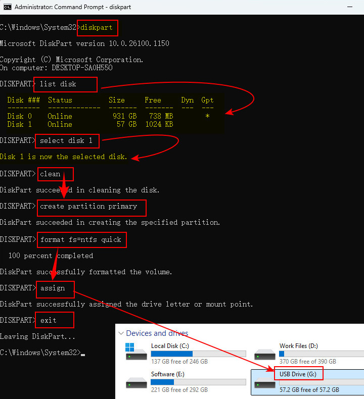 Formatta l'unità USB con DiskPart