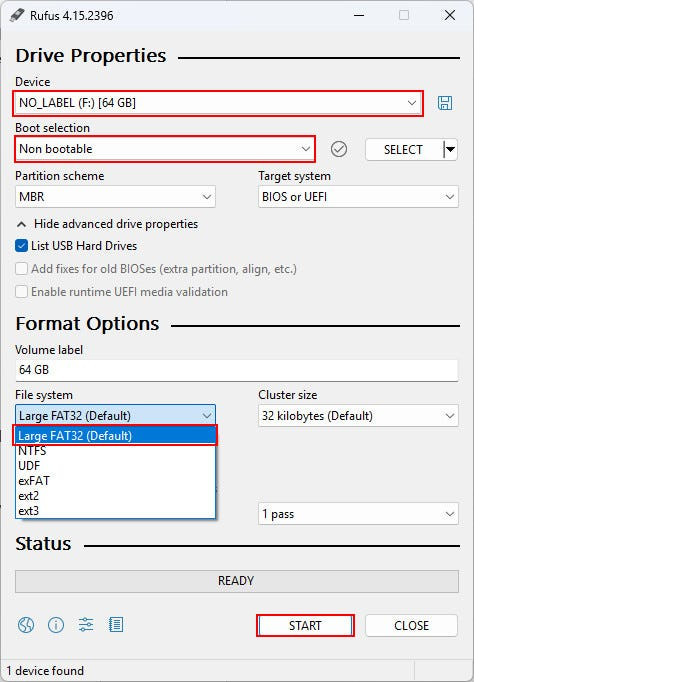 Formatta un'unità USB con Rufus