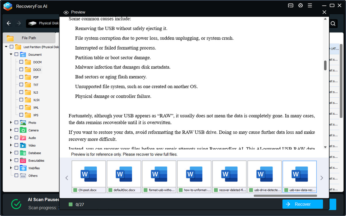 Visualizza in anteprima i file USB recuperabili