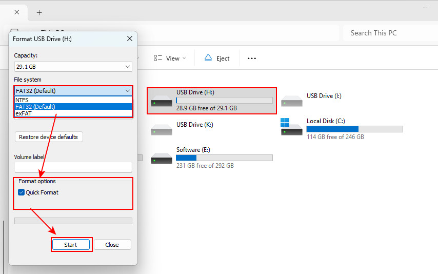 Formatta l'unità USB in Esplora file