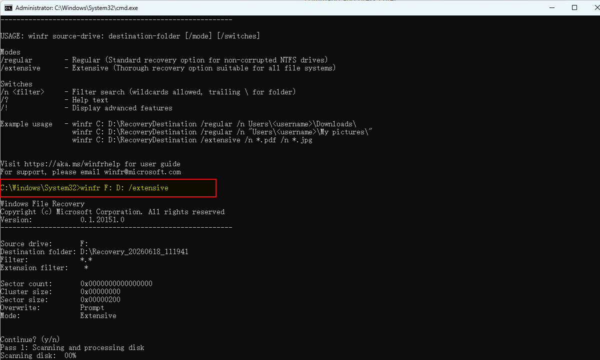 Windows File Recovery avvia il recupero dei file dall'USB
