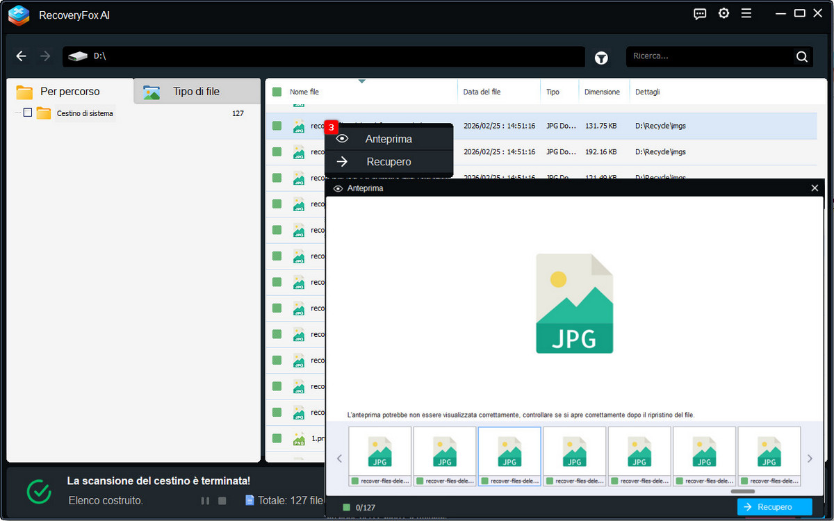 Anteprima e recupero dei file dal Cestino