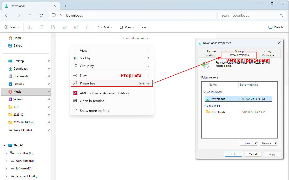 Apri Versioni precedenti