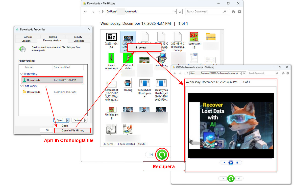 Apri la versione precedente selezionata
