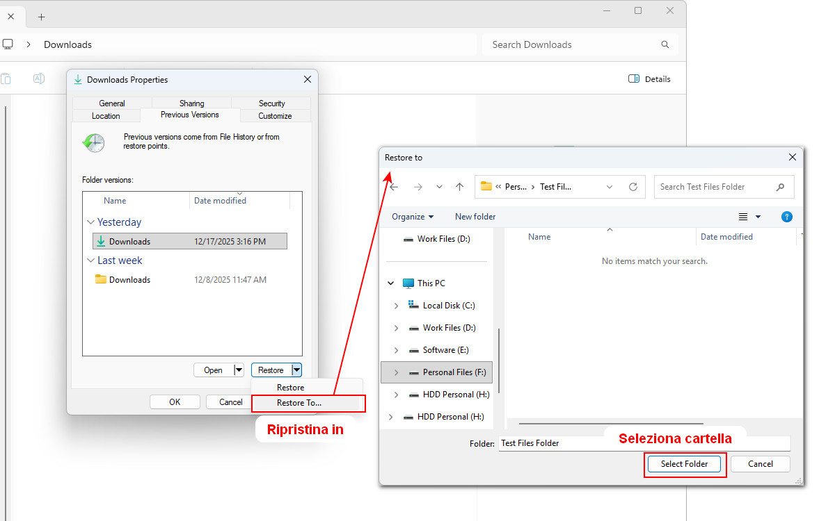 Ripristinare il Cestino svuotato tramite Versioni precedenti